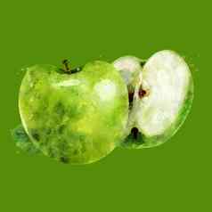 绿色苹果绿色背景水彩插图