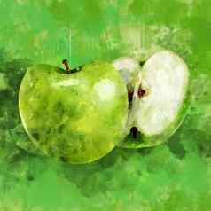 绿色苹果绿色背景水彩插图