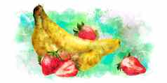 香蕉草莓白色背景水彩插图