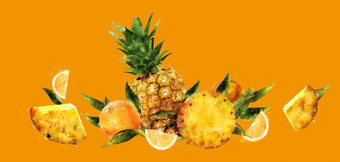 菠萝橙色背景水彩插图