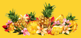 菠萝黄色的背景<strong>水彩</strong>插图