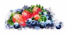蓝莓草莓白色背景水彩插图