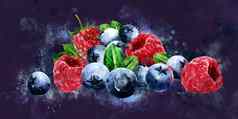 树莓小红莓蓝莓黑暗背景水彩插图