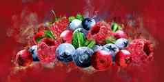 树莓小红莓蓝莓红色的背景水彩插图