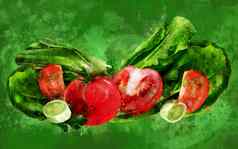 番茄黄瓜沙拉绿色背景水彩插图