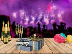 快乐年聚会，派对表格香槟礼物气球聚会人群烟花背景