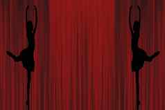 芭蕾舞女演员轮廓年轻的芭蕾舞夫人的跳舞尖端的态度后面红色的窗帘背景