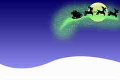 快乐圣诞节卡圣诞老人老人飞行空气雪橇鹿孤立的蓝色的背景雪