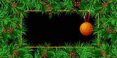 一年圣诞节圣诞节夏娃冬天假期横幅邀请摩天观景轮框架使冷杉冬青分支机构香盒橙色丁香黑色的背景水平布局