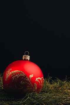 圣诞节一年装饰作文前视图Fur-tree分支机构球框架木背景的地方文本关闭