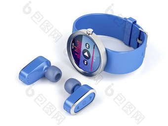 蓝色的无线耳机智能手表