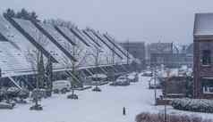 荷兰村冬天季节街道现代荷兰村雪天气城市景观荷兰