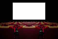 电影大厅红色的座位宽白色屏幕