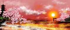 景观开花樱花日本海日落