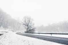 弯曲的高速公路有雾的冬天景观