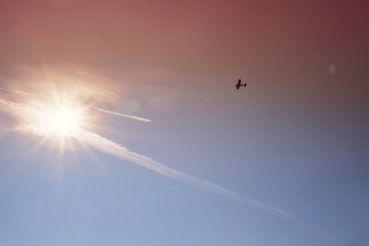 蓝色的<strong>天空背景</strong>蓝色的<strong>天空</strong>明亮的太阳飞机飞行飞机飞行<strong>天空背景</strong>明亮的日落基本<strong>背景</strong>设计