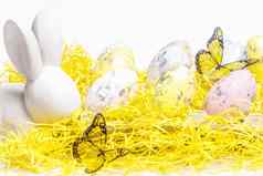 快乐复活节复活节白色兔子白色背景复活节鸡蛋复活节问候卡复活节兔子