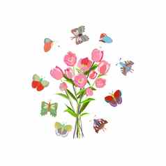 花束粉红色的郁金香蝴蝶插图