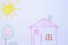 孩子们画房子树太阳岩石白色纸幼儿园年龄图纸