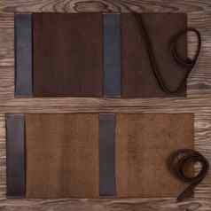 棕色（的）打开手工制作的皮革笔记本涵盖了木背景股票照片奢侈品业务配件
