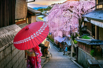 女人穿<strong>日本</strong>传统的<strong>和服</strong>走历史这个区春天《京都议定书》<strong>日本</strong>