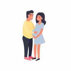 快乐夫妇男人。拥抱怀孕了女人触碰肚子怀孕母亲可爱的平卡通字符孤立的白色背景