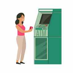 女人撤回钱信贷卡自动取款机
