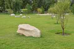 景观花园白色石头谎言绿色草坪上