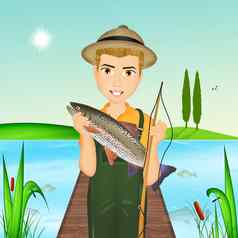 男人。钓鱼鳟鱼派克