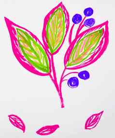 可爱的手绘水彩花阀杆叶子浆果粉红色的绿色春天花植物花园植物