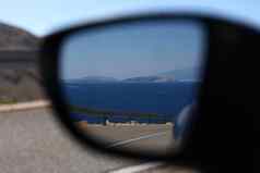 夏天视图湾海岸亚得里亚海海汽车后视镜镜子克罗地亚视图山