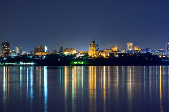 晚上视图城市哈巴罗夫斯克黑龙江河蓝色的晚上天空晚上城市明亮基斯灯笼水平黑龙江河厘米