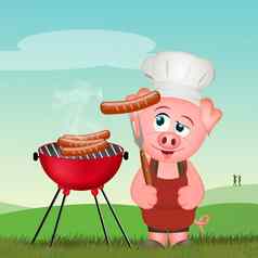 猪烹饪香肠烧烤