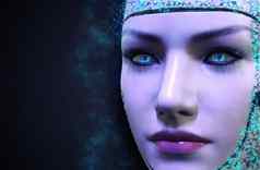 女机器人脸蓝色的技术背景