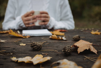 年轻的女人白色毛衣坐在黑暗表格公园持有杯茶咖啡读取写背景黄色的秋天叶子温暖的秋天大气软焦点复制空间