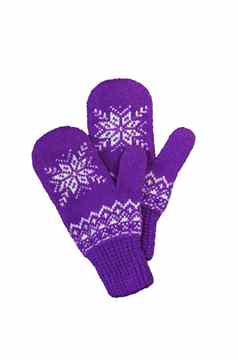 一对粉红色的淡紫色紫色的针织连指手套圣诞节模式孤立的