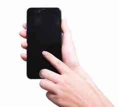 女手指触摸智能手机空白黑色的屏幕