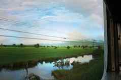 视图火车窗口运动农村天空阳光明媚的温暖的泰国