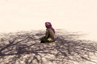 贝都因人坐在祈祷沙子阴影树