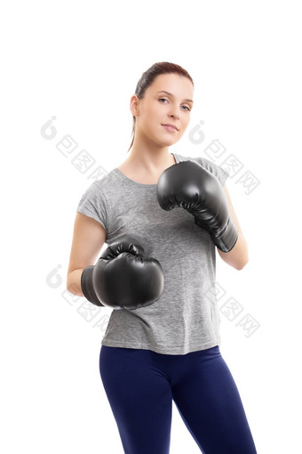 年轻的女人<strong>拳击</strong>手套