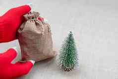 圣诞节礼物袋女手红色的针织手套
