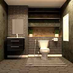 厕所。。。阁楼风格黑色的砖六角瓷砖地板上任