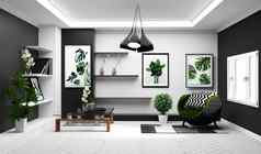 现代热带生活房间室内沙发绿色植物