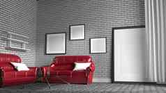 红色的沙发生活房间白色砖墙背景
