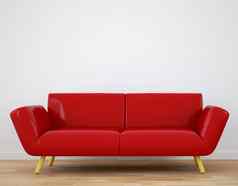 红色的沙发木地板上空白色墙背景渲染