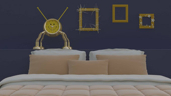 呈现插画家表格时钟金机器人床上蓝色的卧室黄色的图片框架