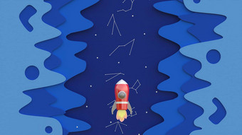 呈现插画家卡通红色的宇宙飞船不断上升的天空晚上天空