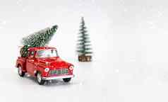 微型红色的车回来携带圣诞节树白色孤立的背景前视图保存空间概念节日圣诞节情绪礼物交付趋势