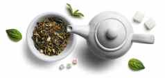 绿色茶自然芳香添加剂茶壶前视图白色背景