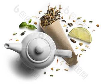 绿色茶自然芳香添加剂茶壶前视图白色背景